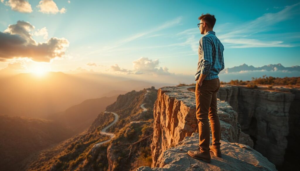 A determined individual stands on the edge of a cliff, overlooking a vast valley filled with obstacles and challenges symbolizing failure. In the foreground, the person, dressed in smart casual attire, gazes thoughtfully at a winding path leading upward, representing resilience and the journey of learning from setbacks. The middle ground features a series of boulders and fallen branches, illustrating past failures, while the background showcases a bright sunrise illuminating the horizon, infusing the scene with hope and new beginnings. The lighting is warm, enhancing the inspiring atmosphere with soft rays breaking through clouds. The image should evoke a sense of determination and growth, captured from a slightly elevated angle to emphasize the vastness of possibilities ahead.