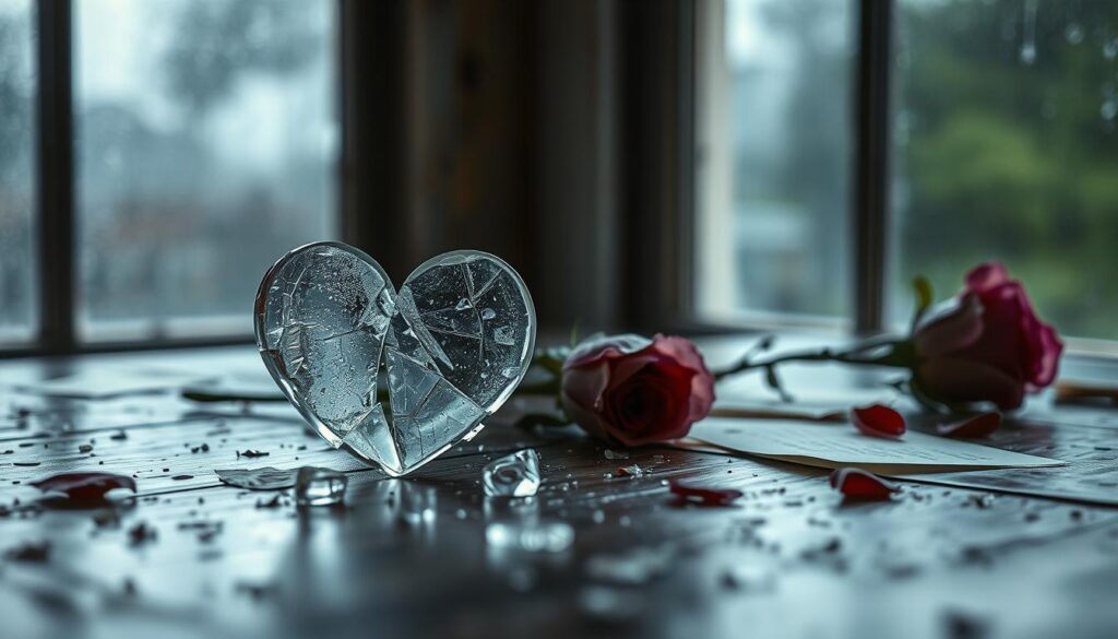 A serene and emotional scene capturing the essence of heartbreak and lost love, perfect for the theme of “Frases para WhatsApp sobre desamor y corazones rotos.” In the foreground, a shattered heart made of delicate glass shards rests on an aged wooden table, reflecting soft light. In the middle ground, wilted roses and scattered love letters evoke feelings of nostalgia and sadness. The background features a blurred window with raindrops running down, creating a melancholic atmosphere. Natural dim light from the window gently illuminates the scene, casting soft shadows. The composition has a shallow depth of field, drawing attention to the heart and roses while the background remains softly focused. The overall mood is reflective and somber, inviting introspection on love and loss.