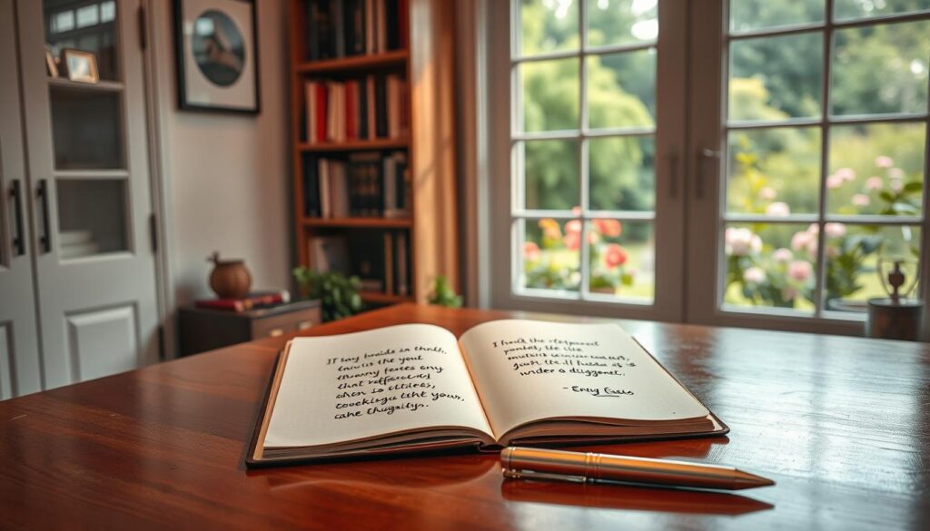 A serene and introspective scene featuring a tranquil office space, bathed in soft, warm lighting. In the foreground, a polished wooden desk with an open notebook displaying handwritten reflective quotes about envy. An elegant pen lies beside it. In the middle ground, a shelf filled with books on self-improvement and emotional intelligence. The background is a large window revealing a beautiful garden, symbolizing growth and positivity, with lush greenery and blooming flowers. A subtle, calming atmosphere evokes contemplation and self-reflection. Capture the essence of mindfulness and the journey to overcome envy without any human figures, focusing instead on the tranquil and inspiring environment. A serene and introspective scene featuring a tranquil office space, bathed in soft, warm lighting. In the foreground, a polished wooden desk with an open notebook displaying handwritten reflective quotes about envy. An elegant pen lies beside it. In the middle ground, a shelf filled with books on self-improvement and emotional intelligence. The background is a large window revealing a beautiful garden, symbolizing growth and positivity, with lush greenery and blooming flowers. A subtle, calming atmosphere evokes contemplation and self-reflection. Capture the essence of mindfulness and the journey to overcome envy without any human figures, focusing instead on the tranquil and inspiring environment.