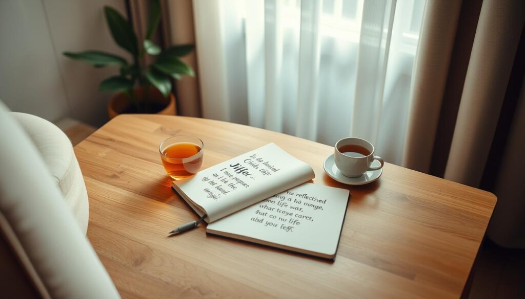 A serene and thought-provoking scene depicting a cozy, stylish workspace with a wooden desk and a comfortable chair. On the desk, there is an elegant notebook with handwritten reflective phrases related to life, surrounded by a warm cup of tea and a small potted plant. The background features a softly lit window with sheer curtains allowing natural light to filter in, enhancing the calm atmosphere. The color palette includes warm tones of beige, soft greens, and hints of pastel, creating a peaceful ambiance. The scene is shot from a slight overhead angle to capture both the workspace details and the inviting environment, evoking a sense of introspection and inspiration.