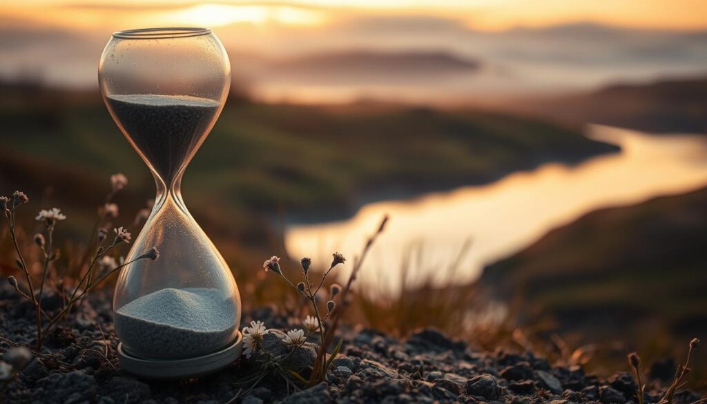 A serene landscape capturing the essence of time and change. In the foreground, a weathered hourglass filled with sand, partially fallen, symbolizes the fleeting nature of time. Surrounding it, delicate wildflowers bloom, representing growth and second chances. The middle of the scene features a gently winding river reflecting the changing colors of a sunset, transitioning from warm oranges to soft purples, signifying the beauty of transformation. In the background, rolling hills fade into mist, evoking a sense of continuity and resilience. The image is lit by soft, golden light, enhancing the tranquility and warmth of the scene. This nuanced setting should evoke feelings of reflection and hope, capturing the essence of life's journeys and opportunities. A serene landscape capturing the essence of time and change. In the foreground, a weathered hourglass filled with sand, partially fallen, symbolizes the fleeting nature of time. Surrounding it, delicate wildflowers bloom, representing growth and second chances. The middle of the scene features a gently winding river reflecting the changing colors of a sunset, transitioning from warm oranges to soft purples, signifying the beauty of transformation. In the background, rolling hills fade into mist, evoking a sense of continuity and resilience. The image is lit by soft, golden light, enhancing the tranquility and warmth of the scene. This nuanced setting should evoke feelings of reflection and hope, capturing the essence of life's journeys and opportunities.