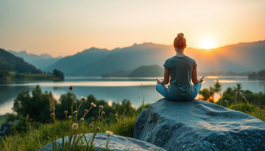 A serene landscape showcasing a tranquil lake surrounded by lush greenery and gentle hills. In the foreground, a person in modest casual clothing sits cross-legged on a smooth rock, gazing peacefully at the water. The middle ground features delicate wildflowers swaying in a gentle breeze, symbolizing hope and connection. The background reveals soft mountains illuminated by the warm glow of a golden sunrise, casting a calming light over the scene. The atmosphere is infused with a sense of tranquility and reflection, inviting the viewer to contemplate the deeper meanings of life and spirituality. The image should be captured with a wide-angle lens to encompass the expansive beauty of nature, emphasizing peacefulness and harmony. A serene landscape showcasing a tranquil lake surrounded by lush greenery and gentle hills. In the foreground, a person in modest casual clothing sits cross-legged on a smooth rock, gazing peacefully at the water. The middle ground features delicate wildflowers swaying in a gentle breeze, symbolizing hope and connection. The background reveals soft mountains illuminated by the warm glow of a golden sunrise, casting a calming light over the scene. The atmosphere is infused with a sense of tranquility and reflection, inviting the viewer to contemplate the deeper meanings of life and spirituality. The image should be captured with a wide-angle lens to encompass the expansive beauty of nature, emphasizing peacefulness and harmony.