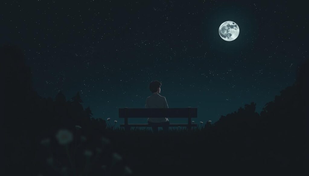 A serene night scene depicting a lonely figure sitting on a wooden bench under a starry sky, surrounded by dark silhouettes of trees. The figure, dressed in a soft, modest sweater and jeans, gazes into the distance, creating an atmosphere of solitude and contemplation. In the foreground, delicate wildflowers sway gently in the breeze, illuminated by the gentle glow of a full moon casting soft shadows. The middle ground features the bench and the figure, while the background showcases a vast expanse of stars twinkling against a deep indigo sky. The overall mood is reflective and tranquil, evoking feelings of stillness and the poignant beauty of solitude. The lighting is soft and ethereal, enhancing the sense of peace in the quiet night. A serene night scene depicting a lonely figure sitting on a wooden bench under a starry sky, surrounded by dark silhouettes of trees. The figure, dressed in a soft, modest sweater and jeans, gazes into the distance, creating an atmosphere of solitude and contemplation. In the foreground, delicate wildflowers sway gently in the breeze, illuminated by the gentle glow of a full moon casting soft shadows. The middle ground features the bench and the figure, while the background showcases a vast expanse of stars twinkling against a deep indigo sky. The overall mood is reflective and tranquil, evoking feelings of stillness and the poignant beauty of solitude. The lighting is soft and ethereal, enhancing the sense of peace in the quiet night.