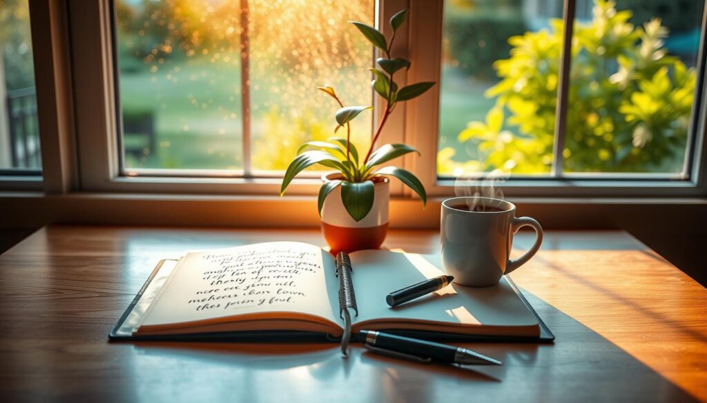 A serene workspace setting that embodies "reflections of confidence". In the foreground, a polished wooden desk with an open journal filled with inspirational quotes and a stylish pen resting beside it. A steaming cup of coffee radiates warmth next to the journal. In the middle, a graceful potted plant adds a touch of nature, symbolizing growth and positivity. The background features a large window letting in soft, golden morning light, illuminating dust particles in a gentle, ethereal haze. Outside, glimpses of a vibrant green garden provide a refreshing connection to the outdoors. The atmosphere is calm and uplifting, inviting a sense of tranquility and motivation. The image should evoke a feeling of hope and confidence, suitable for inspiring readers to maintain a positive attitude.