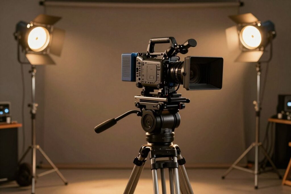 Cámara de filmación cinematográfica profesional montada sobre un trípode en un rodaje