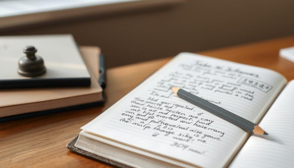 Cuaderno abierto con notas a mano y lápiz sobre mesa de trabajo Cuaderno abierto con notas a mano y lápiz sobre mesa de trabajo