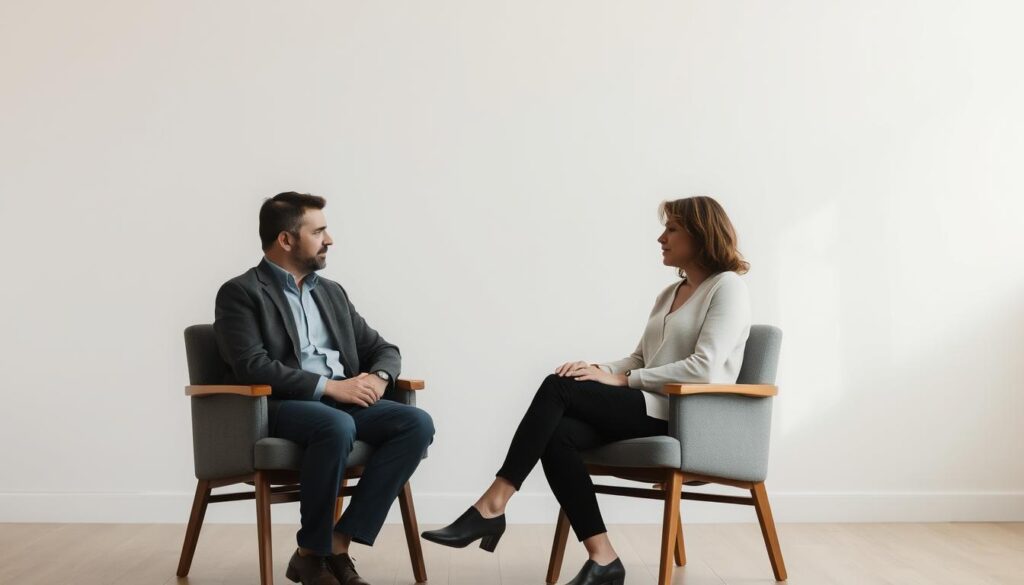 Dos personas conversando en calma sentadas frente a frente en una sala Dos personas conversando en calma sentadas frente a frente en una sala