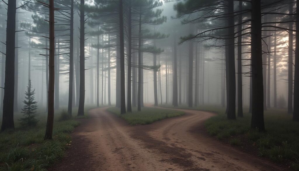 Dos senderos que se bifurcan en un bosque nebuloso Dos senderos que se bifurcan en un bosque nebuloso