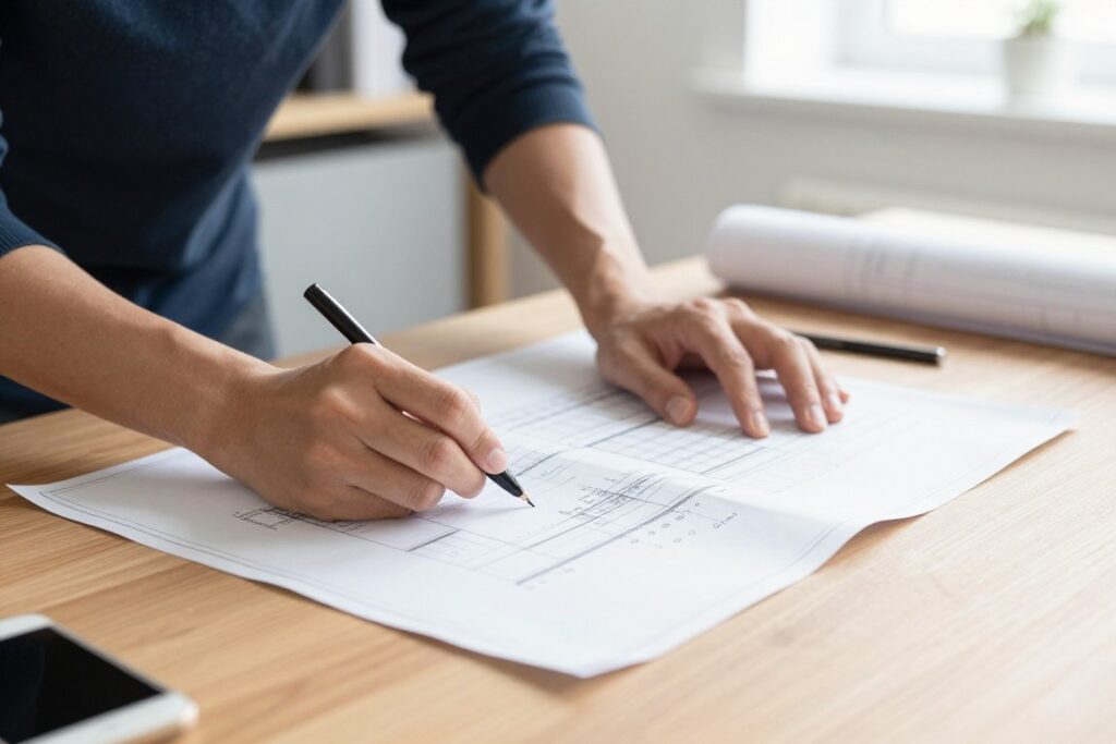 Persona planificando proyectos con mapas y cuadernos sobre una mesa sobria