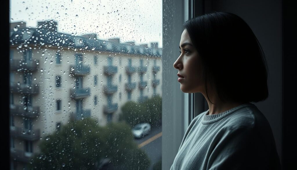 Persona solitaria observando la lluvia tras un cristal en un día gris