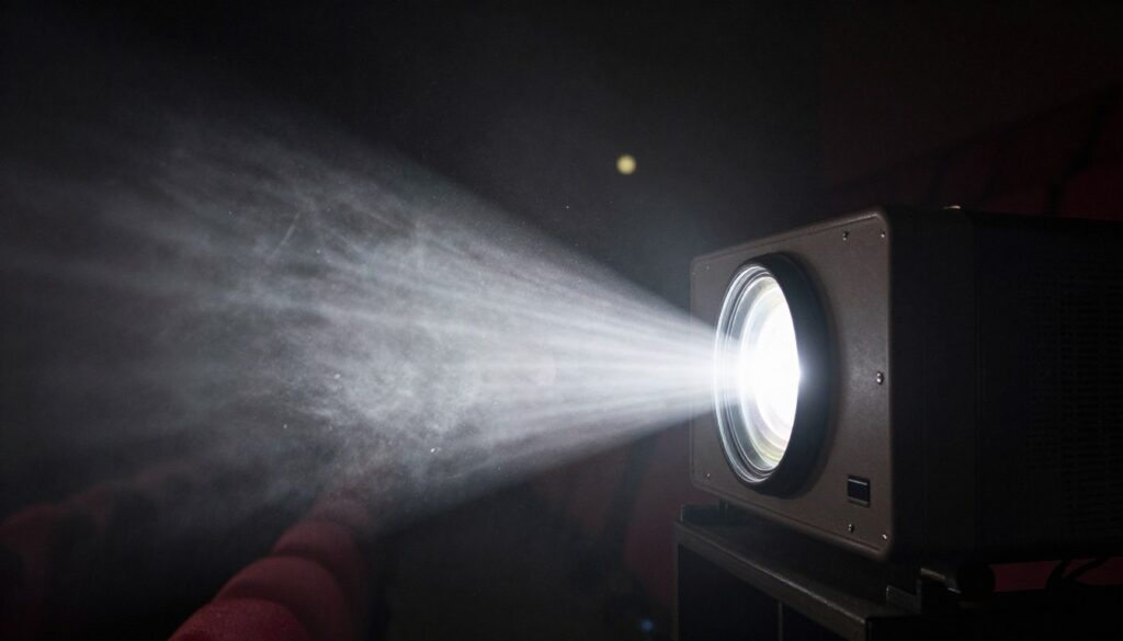 Proyector cinematográfico emitiendo un haz de luz azul en una sala oscura