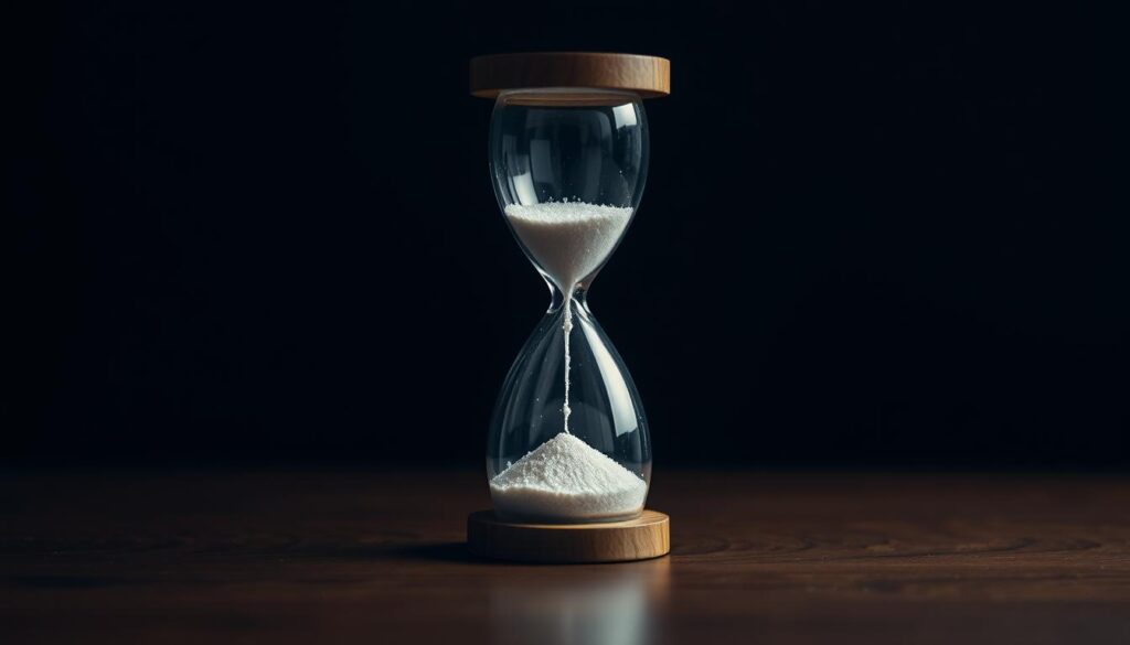 Reloj de arena sobre mesa sobria marcando el paso de las horas Reloj de arena sobre mesa sobria marcando el paso de las horas