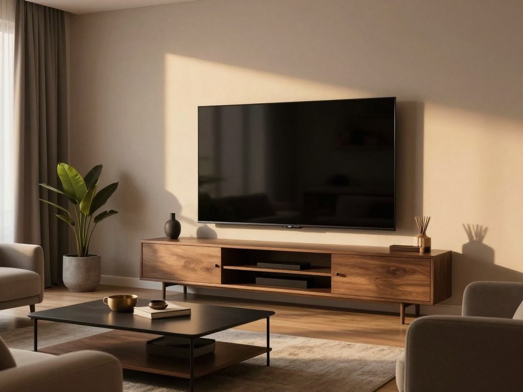 Salón moderno con una televisión encendida mostrando una escena cinematográfica