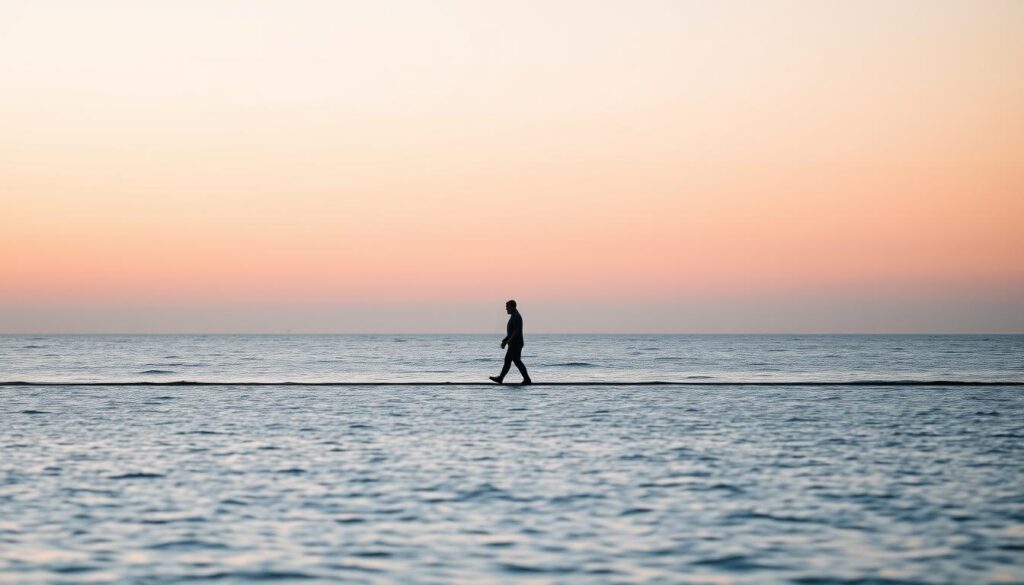 Silueta de una persona al atardecer frente a un mar en calma Silueta de una persona al atardecer frente a un mar en calma