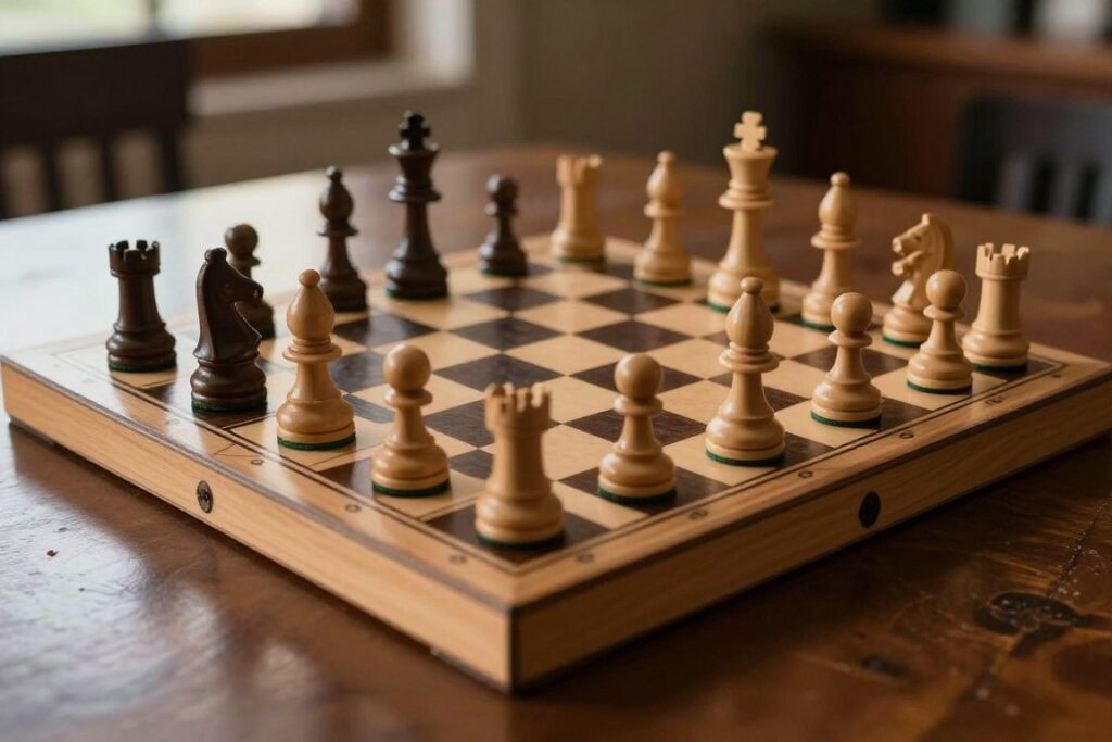 Tablero de ajedrez de madera con piezas tras una partida profunda