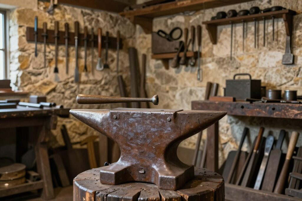 Taller de forja artesanal con un yunque de hierro y herramientas alineadas